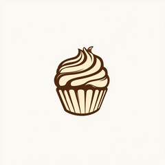 Vintage style cupcake with cream swirl frosting in dark brown outline on light background for confectionery branding and bakery design templates