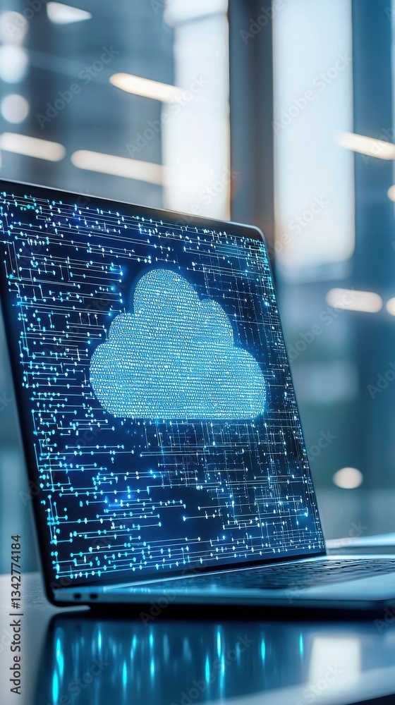 Poster modern laptop displaying cloud computing concept with data streams