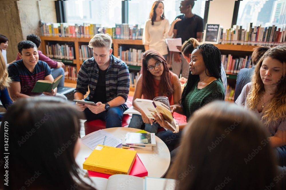 Aufkleber Diverse group of students studying in a library, reading books and using tablets. Young adults engaged in learning, collaborating in a library setting. Diverse young people reading at library.