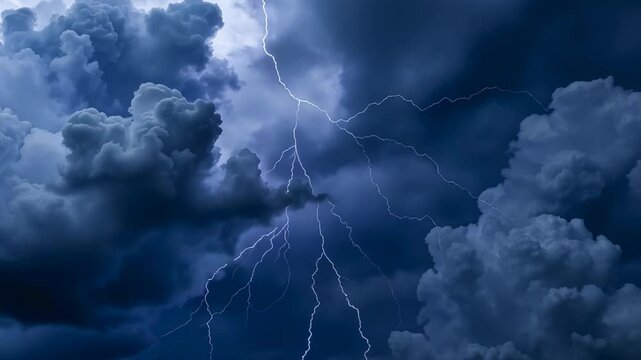 Dramatic Night Sky with Bright Blue Lightning Bolts Striking Through Dark Clouds