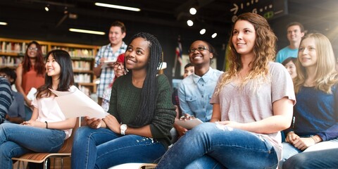 Diverse group of students in a classroom, smiling and attentive. Young adults, engaged in learning. Classroom setting with diverse students. International high school students in seminar.