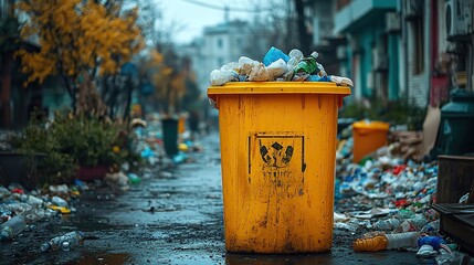 An overflowing yellow bin with plastic shows environmental awareness and sustainable waste management
