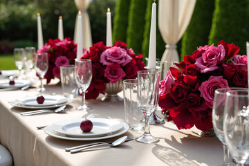 An elegant outdoor wedding setup with a beautifully arranged table, adorned with red and pink roses, candles, and fine dining ware, set against a lush green hedge
