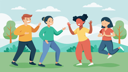 A group of friends laugh and chat with each other as they practice Tai Chi in the park enjoying the calming effects of the slow deliberate movements.. Vector illustration