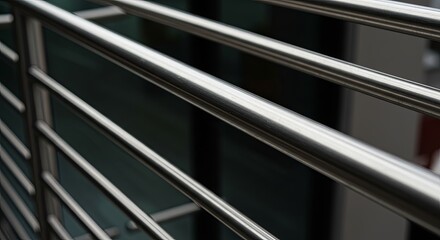 Obraz premium A close up of a metal railing with a red fire hydrant in the background