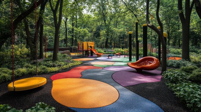Colorful playground in shady park, children's play area, outdoor fun