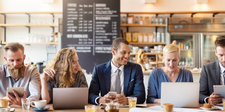 Group of people in cafe, working on laptops and tablets. Business meeting remotely in cafe. Diverse team collaborating in a casual cafe environment. Businesspeople working remotely on laptops