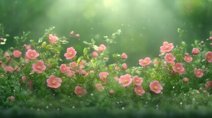 Delicate pink flowers in a lush, vibrant garden setting. Soft light illuminates the scene, creating a dreamy, ethereal atmosphere