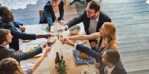 Group of diverse people clinking glasses at a table, celebrating. Smiling, sharing a meal, enjoying a social gathering. Lively, friendly atmosphere. Diverse business people celebrating and toasting.