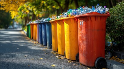 Obraz premium Colorful bins full of plastic bottles stand on a street, promoting awareness