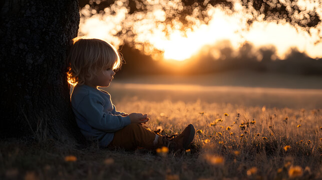 A little boy sitting under a tree in soft morning light expressing bashfulness and curiosity while surrounded by nature's gentle embrace.