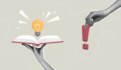 Trendy halftone collage. Incendiary ideas. Concept of gaining new knowledge, reading a book for inspiration, knowledge, brazovanie, study. 