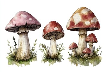 set of watercolor enchanted fairy mushrooms and toadstools hand drawn on a white background