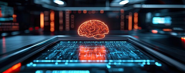 Artificial intelligence computing and brain network concept. Futuristic digital brain visualization in a tech environment.