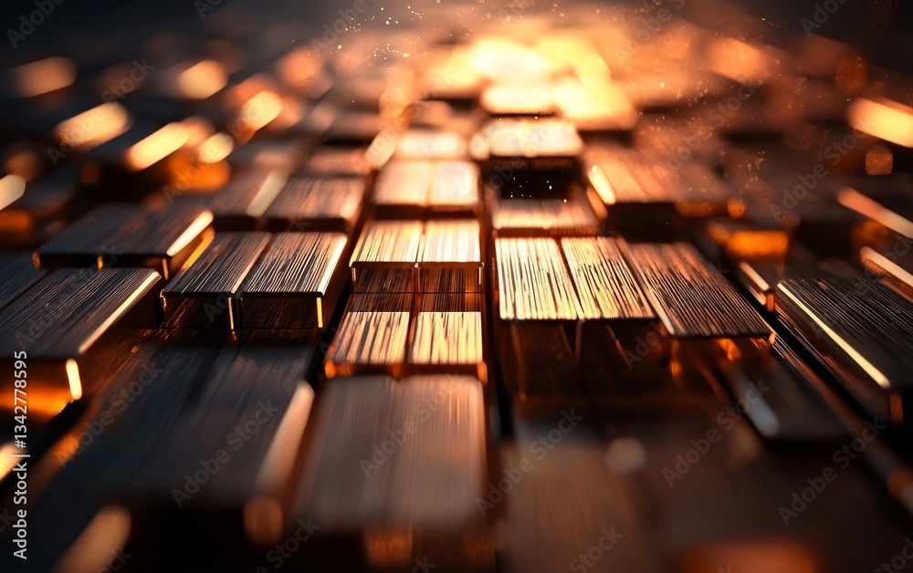 Poster a close-up view of glowing metallic blocks, creating an abstract composition with warmth and depth, 