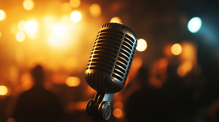 Classic Microphone on Stage with Warm Lights, Perfect for Live Music, Stand-Up Comedy, or Performing Arts Atmosphere