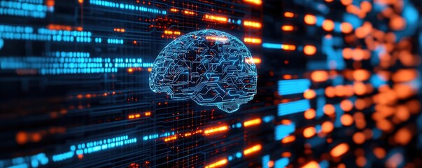 Artificial intelligence computing and brain network concept. Futuristic digital brain concept with glowing data streams.