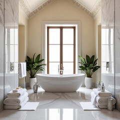 Fototapeta premium Stylish bathroom interior design with marble panels. Bathtub, towels and other personal bathroom accessories. Modern glamour interior concept. Roof window 