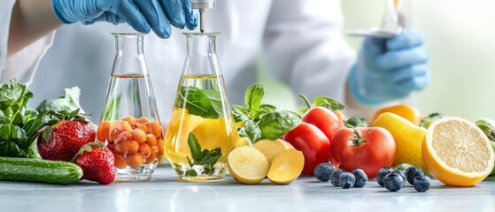 A colorful array of fresh fruits and vegetables is arranged alongside glass containers, suggesting a blend of nature and science in food preparation.