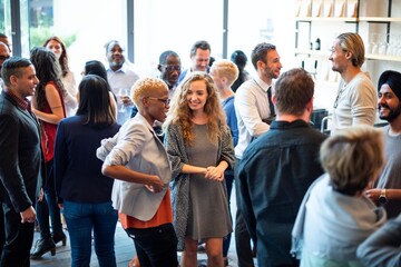 Diverse group socializing at a casual event. Men and women of various ethnicities engaged in conversation. Lively atmosphere with diverse attendees. Diverse people mingle at a social event.