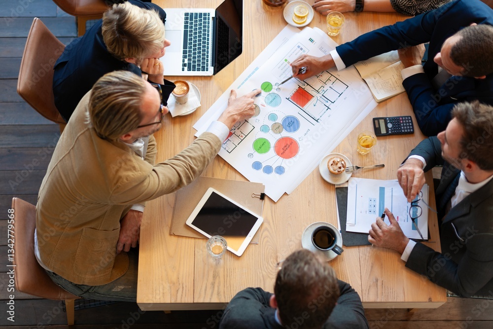 Aufkleber Team meeting with diverse professionals discussing a project. Group collaboration with charts and technology. Business strategy and teamwork focus. Diverse business people discussing work.