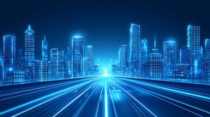 Fast traffic toward a futuristic city at night; potential for transportation ads