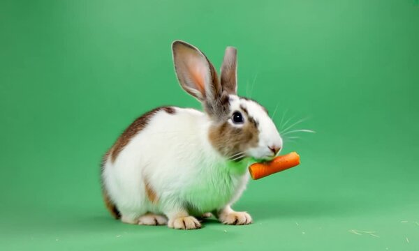 white rabbit eating caroot on a green background