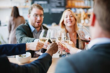 Group of people clinking wine glasses in a celebratory toast at a restaurant. Smiling faces, diverse group, enjoying a social gathering with wine. Diverse people tasting and celebrating with wine.