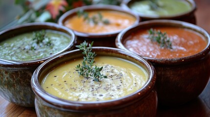 A cozy tableau of vibrant autumnal vegetable soups, each garnished with fresh herbs and adorned with a sprig of thyme, inviting warmth and comfort on a chilly autumn day.