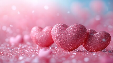 Obraz premium Gently falling heart shapes onto a pink surface create a romantic Valentine's Day atmosphere, perfect for weddings or other love celebrations