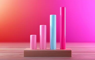 Obraz premium A vibrant, colorful bar graph made of cylindrical shapes on a wooden base, showcasing growth and progress against a gradient background.