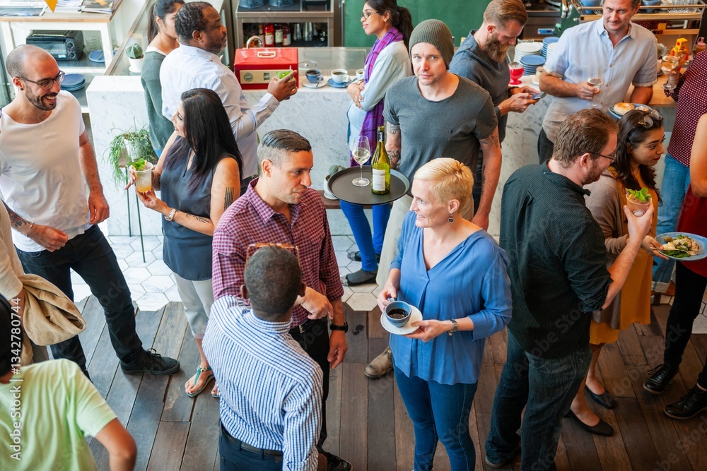 Poster diverse group socializing at a casual gathering. men and women of various ethnicities enjoying drink