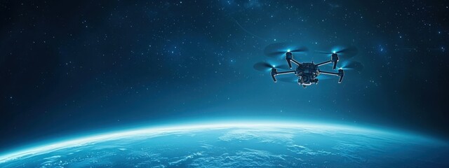 Fototapeta premium Aerial View of Drone Flying Over Earth in Cosmic Space Environment