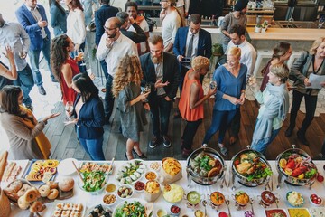 A vibrant gathering of diverse people enjoying a buffet. Men and women of various ethnicities...