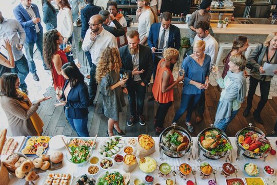 A vibrant gathering of diverse people enjoying a buffet. Men and women of various ethnicities socialize, savoring delicious food and drinks at a lively event filled with laughter.