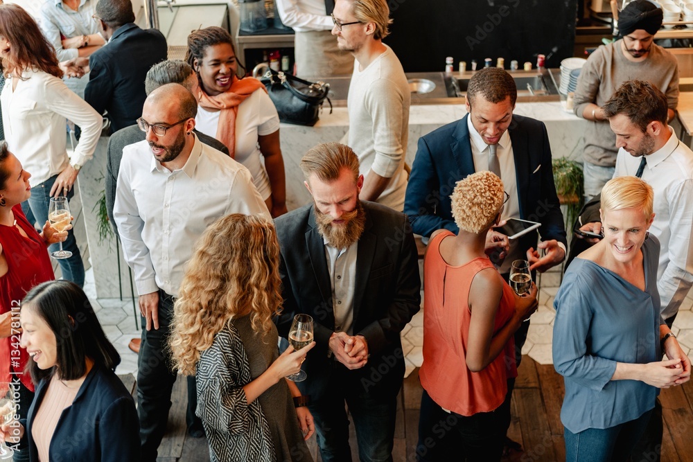 Aufkleber diverse group of people at social event, mingling and chatting. diverse crowd enjoy drinks and conve