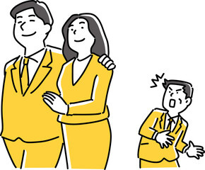 イチャイチャする男女に驚く男性