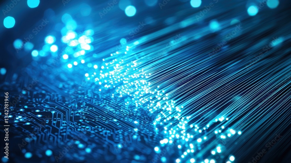 Poster glowing lines of data flowing through a circuit board background