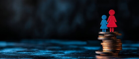 A symbolic representation of gender equality in finance, featuring two paper figures standing on a pile of coins, emphasizing economic empowerment.