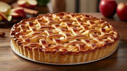 A warm, inviting aroma wafted from a rustic kitchen, where a golden-brown apple pie, its crust flaky and its filling bursting with juicy apples and cinnamon spices, sat proudly on the counter.