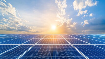 Solar Panels Under Bright Sky and Shining Sunlight at Sunrise