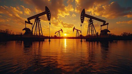Obraz premium Oil pumps extract oil at sunset, showing pollution and global oil price impacts