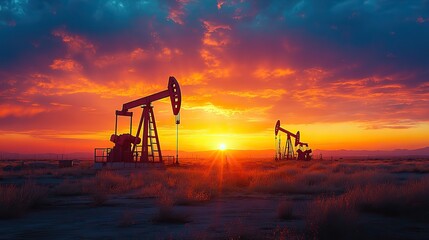 Naklejka premium Oil pumps operate at sunset in a desert, a dramatic scene of vibrant hues