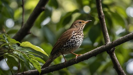Close-Up of Thrush Perched on a Branch in a Sunlit Forest