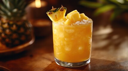 A vibrant, golden cocktail of pineapple and coconut, garnished with a wedge of pineapple, ready to be savored in a tropical setting.