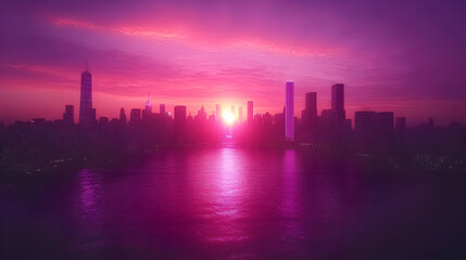 Vibrant Purple and Pink Cityscape Skyline Reflecting on Water at Sunset Featuring Modern Buildings and Skyscrapers with Panoramic Scenic Glow