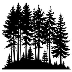 A black silhouette illustration of a dense evergreen forest with tall pine trees on uneven ground. The design emphasizes nature, wilderness, and woodland scenery.
