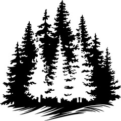 A black silhouette illustration of a dense evergreen forest with tall pine trees on uneven ground. The design emphasizes nature, wilderness, and woodland scenery.
