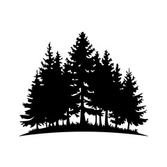 A black silhouette illustration of a dense evergreen forest with tall pine trees on uneven ground. The design emphasizes nature, wilderness, and woodland scenery.