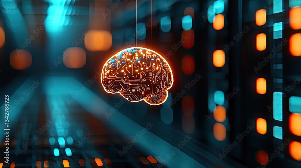 Poster artificial intelligence brain network and database concept. a digital brain illustration symbolizing